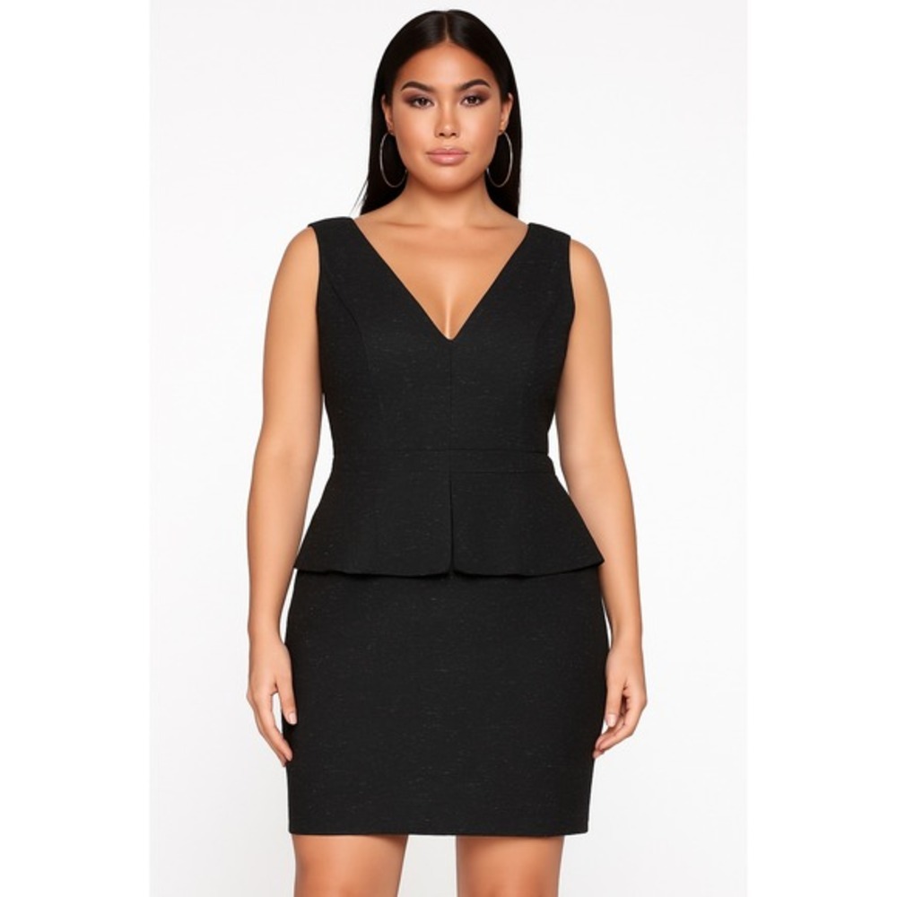 V-Neck Peplum Sheath Dress - Black